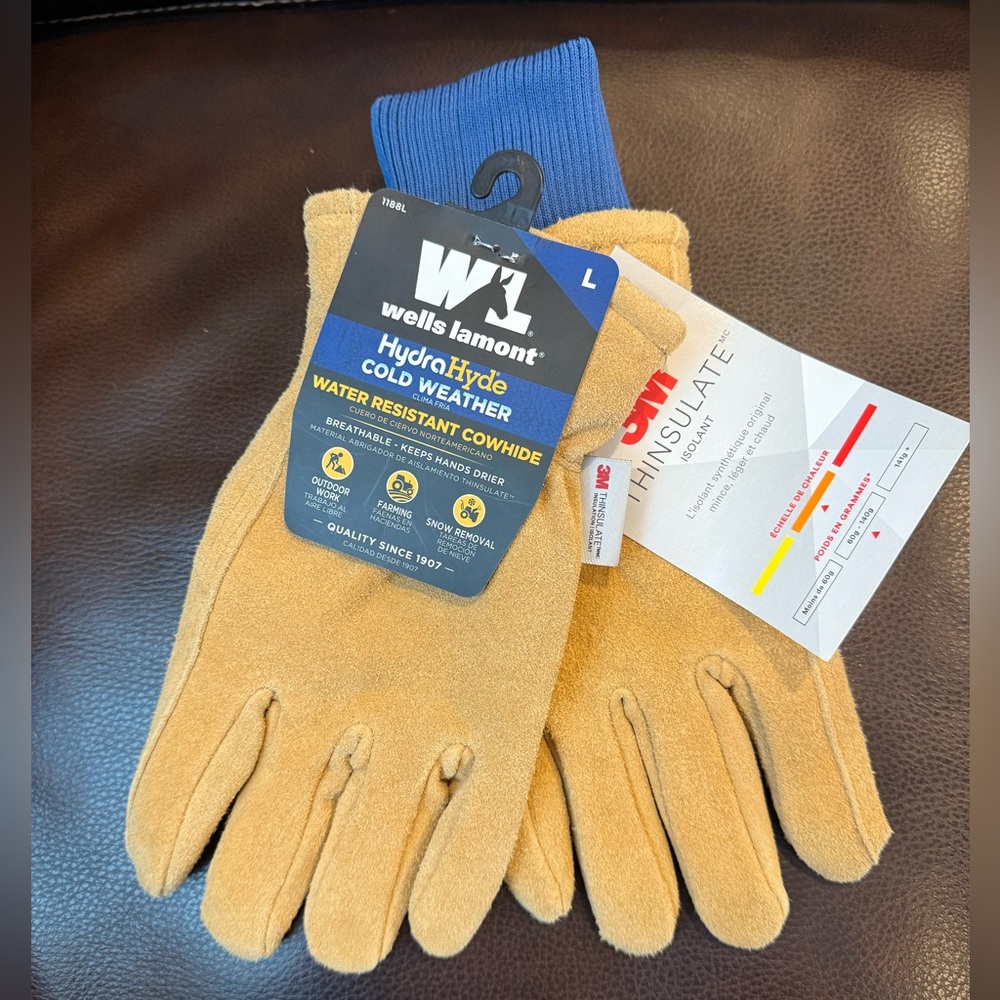 Wells Lamont HydraHyde Water Resistant Cowhide Cold Weather Gloves- Size L- NWT